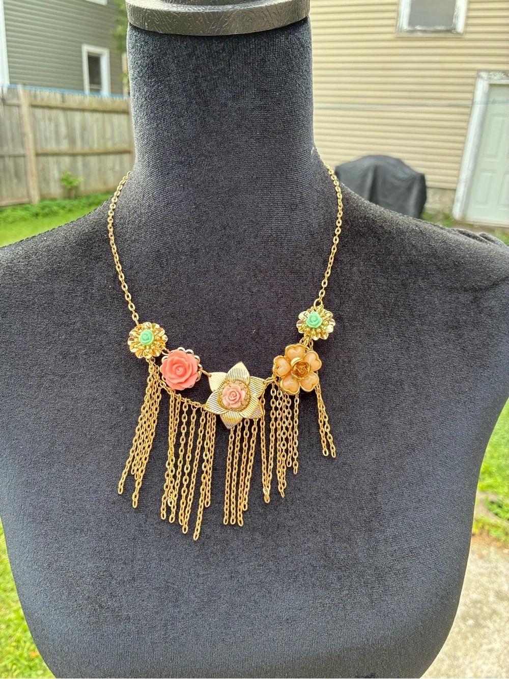 Gold Floral Fringe Necklace with Coral and Mint Flower Accents